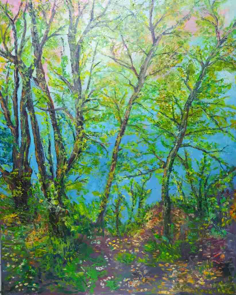 Al di là delle fronde - dipinto olio su tela di Gisella Farinini (2022, 80 x 100 cm)