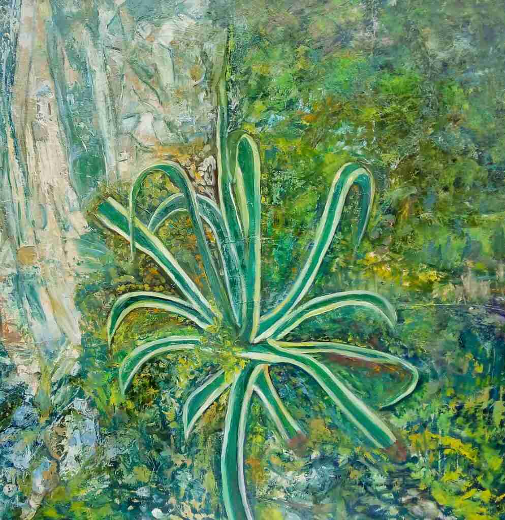Tentacoli erbosi - dipinto olio su tela di Gisella Farinini (2016, 100 x 100 cm)