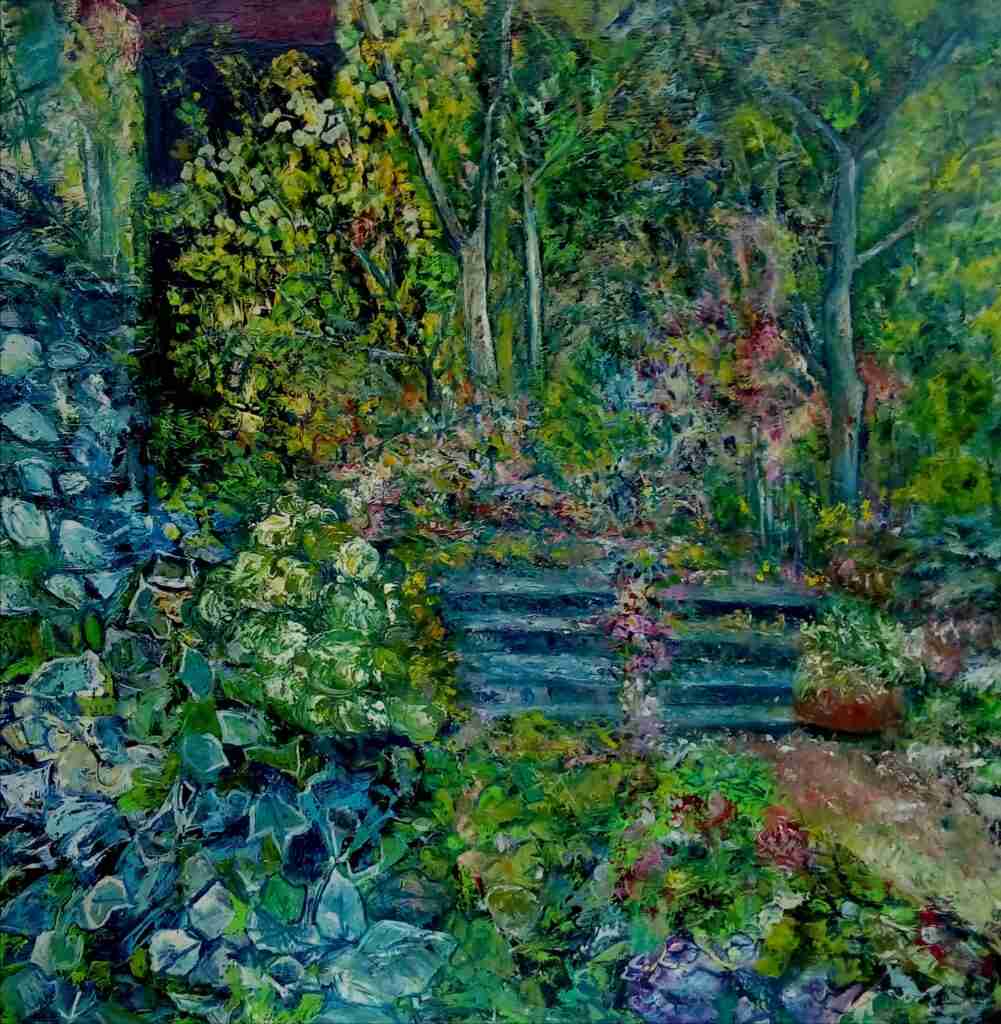 Il giardino dei segreti - dipinto olio su tela di Gisella Farinini (2016, 100 x 100 cm)