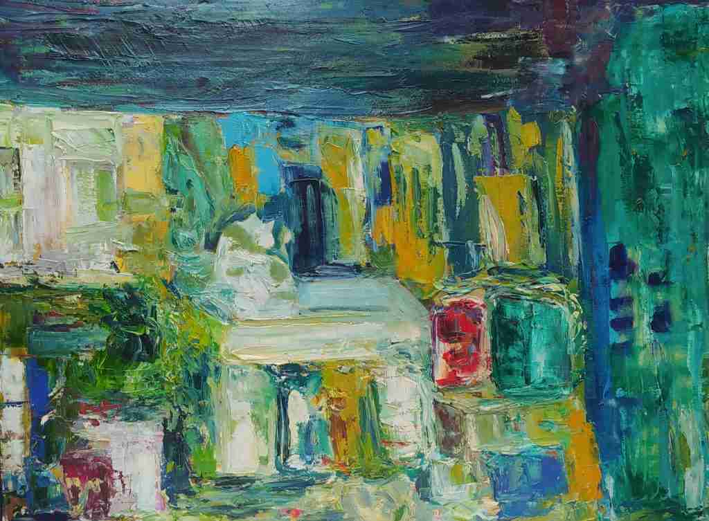 Tettoia con gatti - dipinto olio su tela di Gisella Farinini (1998, 80 x 60 cm)