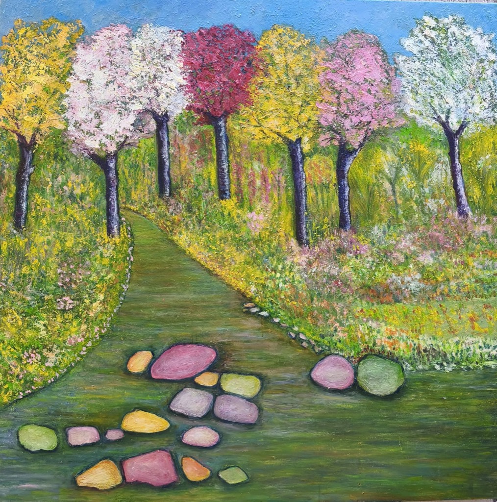 Tripudio di colori - dipinto olio su tela di Gisella Farinini (2025, 100 x 100 cm)