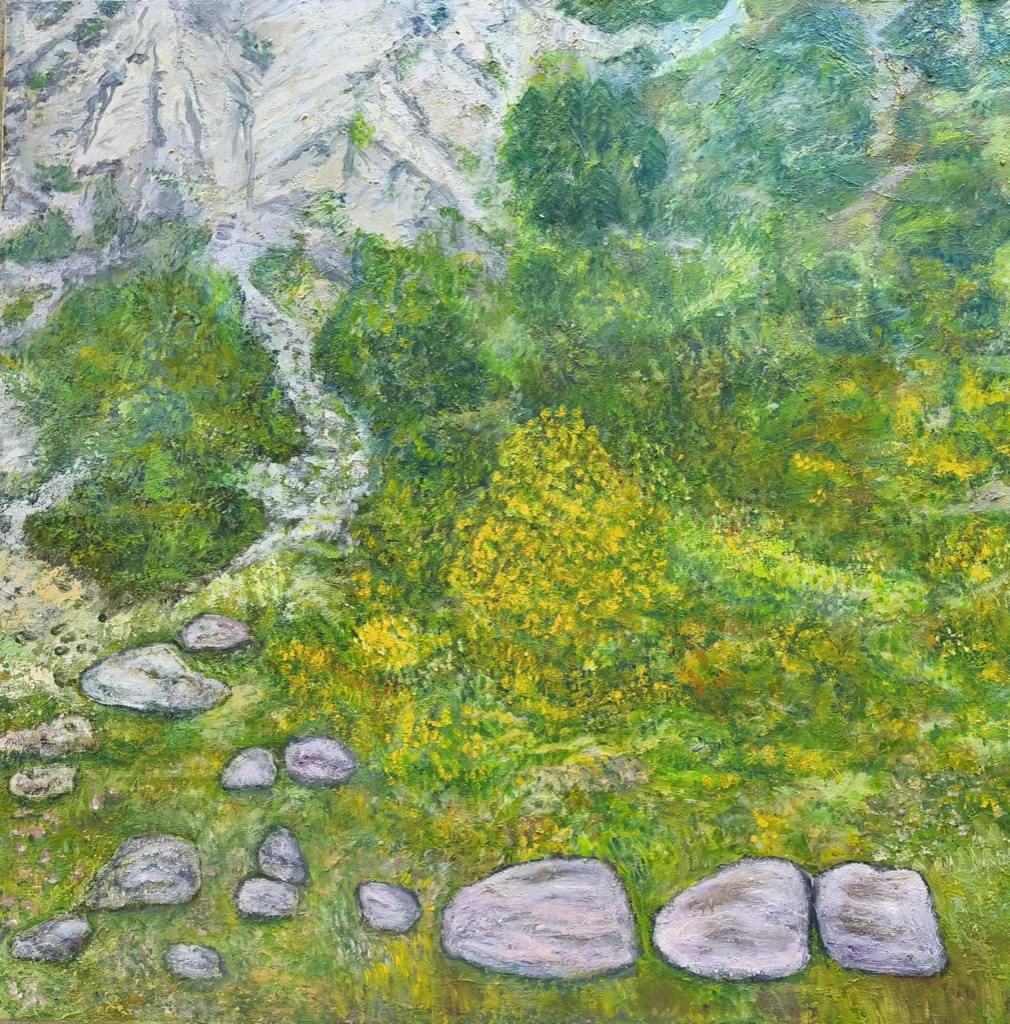 Verso il monte - dipinto olio su tela di Gisella Farinini (2016, 100 x 100 cm)