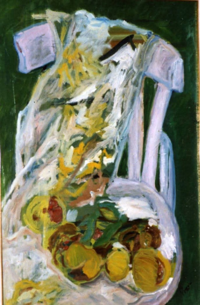 Sedia con melograni - dipinto olio su tela di Gisella Farinini (1991, 50 x 70 cm)